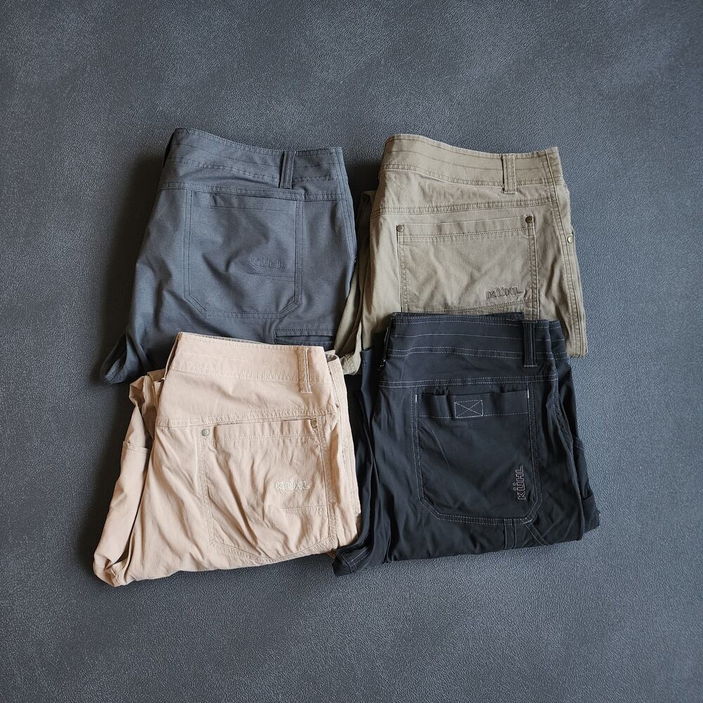 Bundle of 4 Pairs of Kuhl Hiking Outdoor Pants Grey, Black Tan and Green